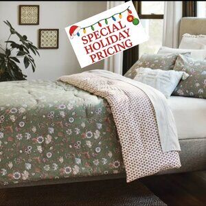 THRESHOLD-Boho Reversible Print 3pc Comforter /Sham Set-Floral Green-Queen/ Full